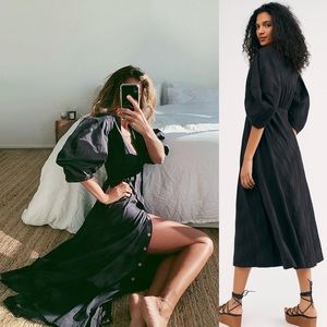 NEW FREE PEOPLE LIDIA MIDI LOW CUT BLACK DRESS PUFF SLEEVES SOLD OUT POCKETS